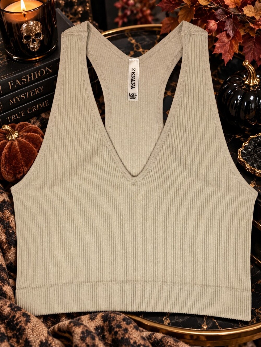 Zenana Ribbed Racerback Tank Top Beige S/M or L/XL NIP
